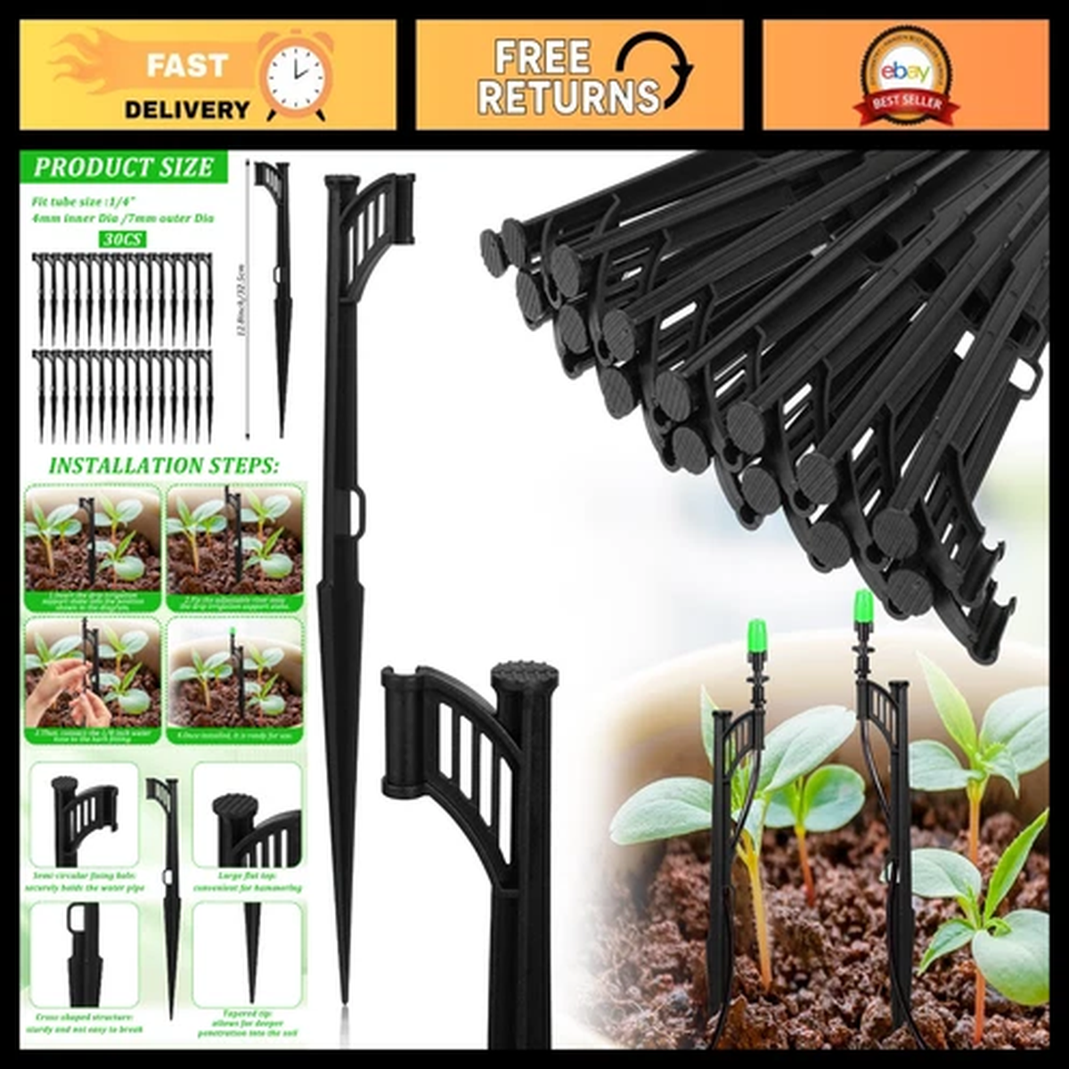 30 Pcs 12.8" Drip Irrigation Support Stakes for 1/4" Tubing - Garden Supplies