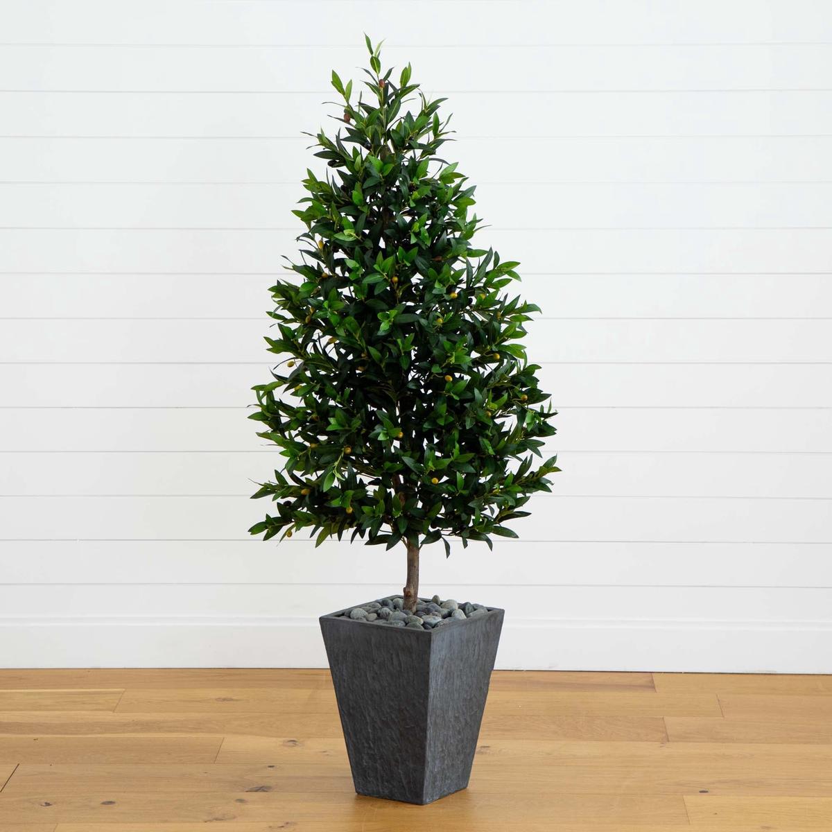 67 Olive Cone Topiary Artificial Tree in Slate Planter (Indoor/Outdoor)