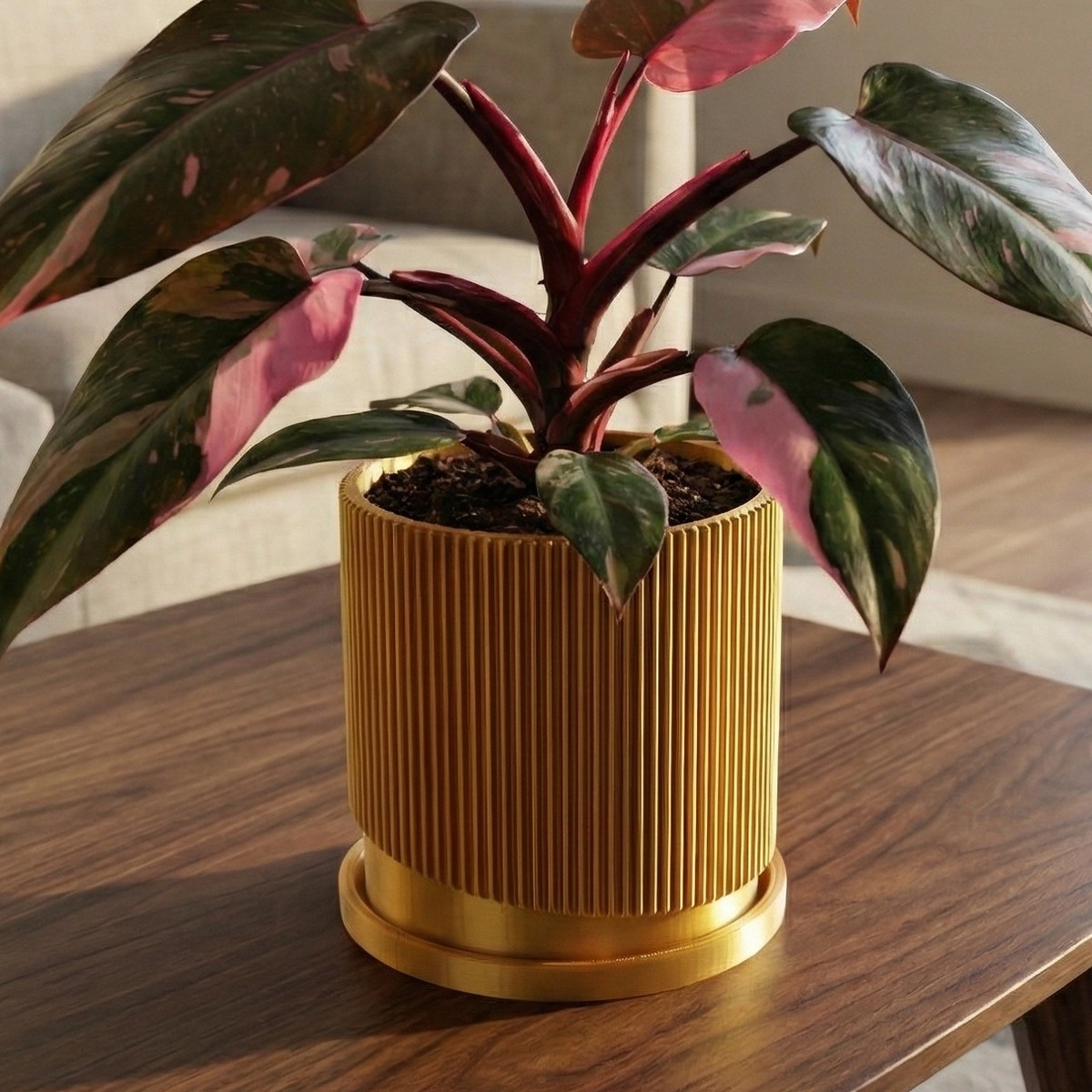 Mid-Century Ribbed Planter With Drainage And Saucer In Multiple Colors 3D Printed Planter With Unique Modern Design Lightweight Wave White4InchDripTray