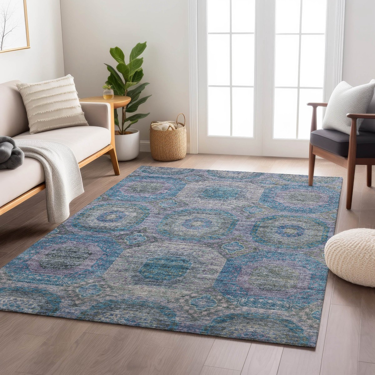 Karaj Circles Polyester Area Rug Blue23 Runner