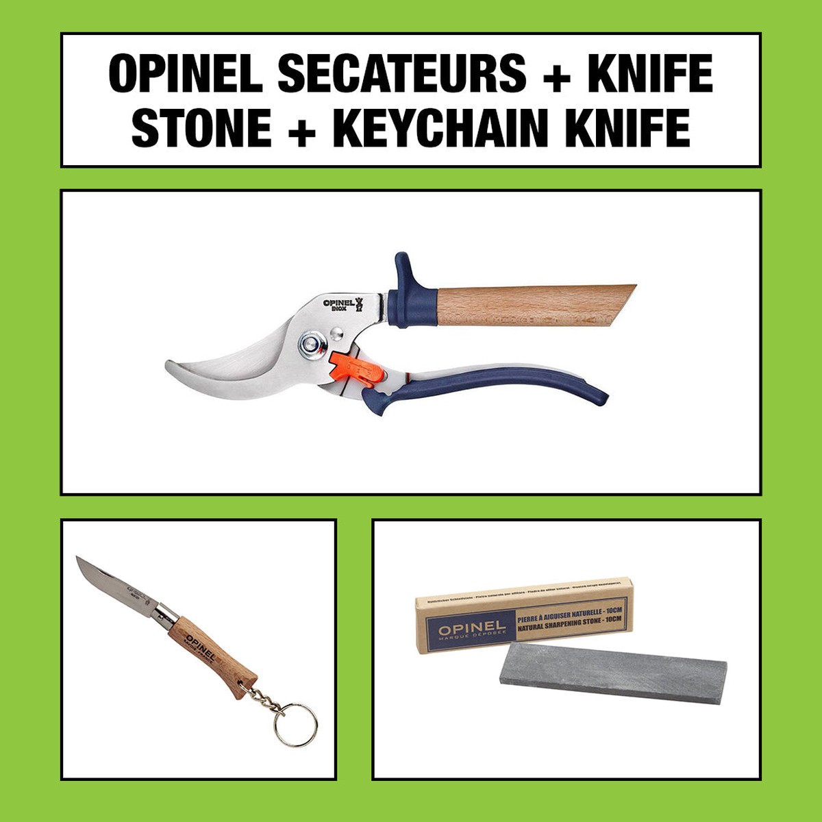 Opinel Secateurs Keyring Knife Sharpening Stone MeadowGreen