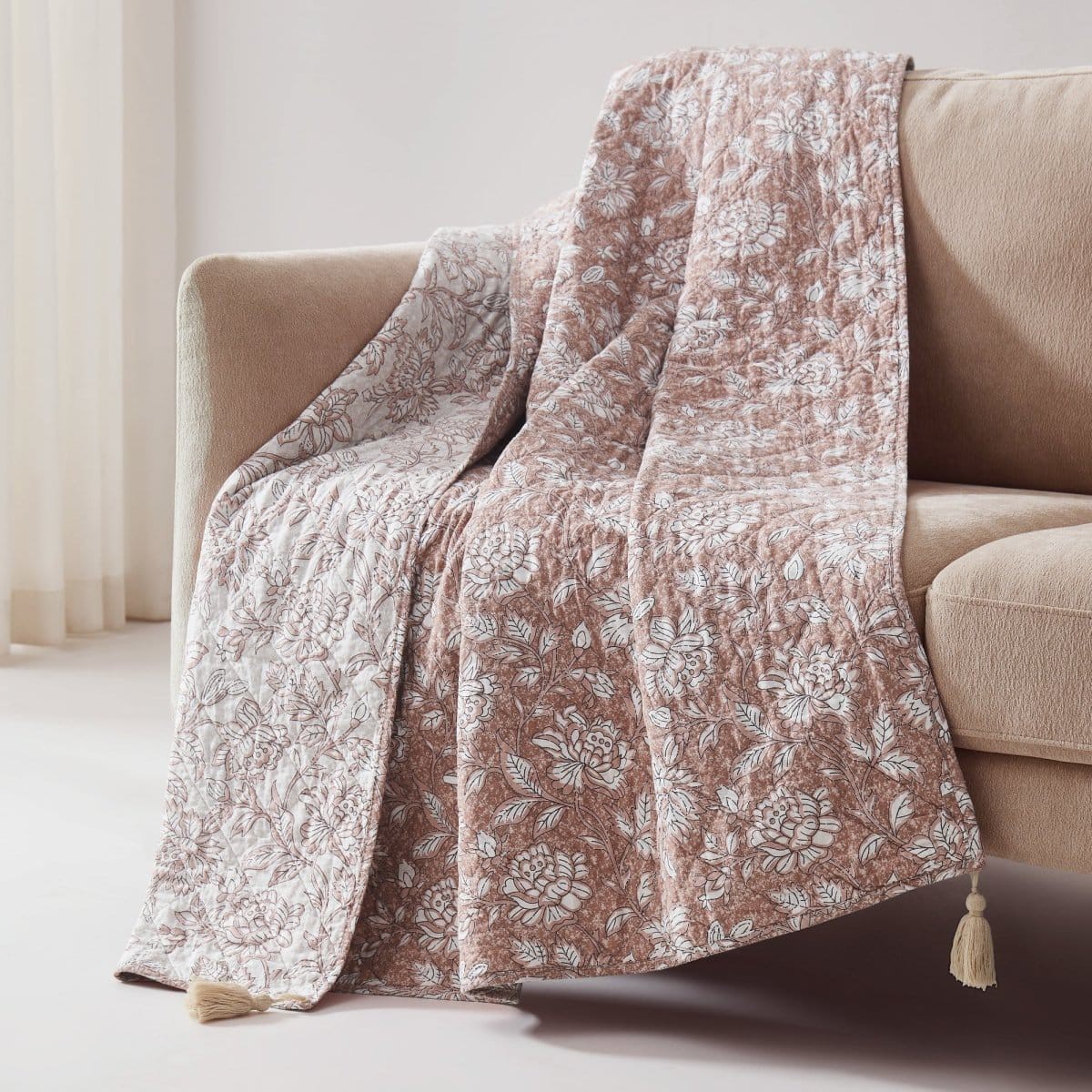 Zara Floral Block Reversible Cotton Throw Blanket 60 Terracotta